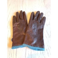 Vintage NINE  COMPANY Brown Leather Light Blue Knit Cuff Gloves Women's Size L