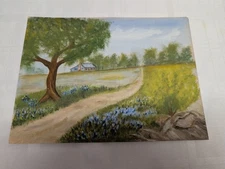 Texas Bluebonnet Oil Painting 9 x 12” Unframed Oak Tree Farmhouse Dirt Road