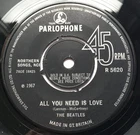 THE BEATLES "ALL YOU NEED IS LOVE"  NO TV REFERENCE G 1 STAMPER 'A' SIDE