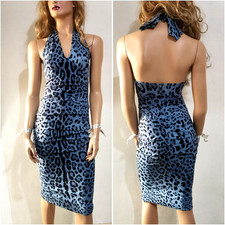 Dolce & Gabbana Leopard Print Ruched Silk Crepe Halter Open Back Blue Dress IT38
