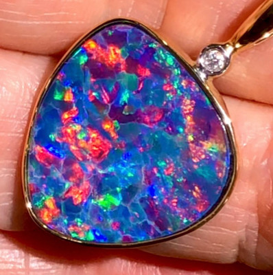 GIA Big 14k Gold Australian Black Opal Bright RED Flash of Fire Pendant Diamond