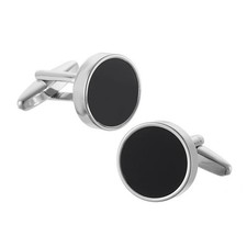Round Black Onyx Stone Silver Plated Stainless Steel Mens Cufflinks Cuff Links