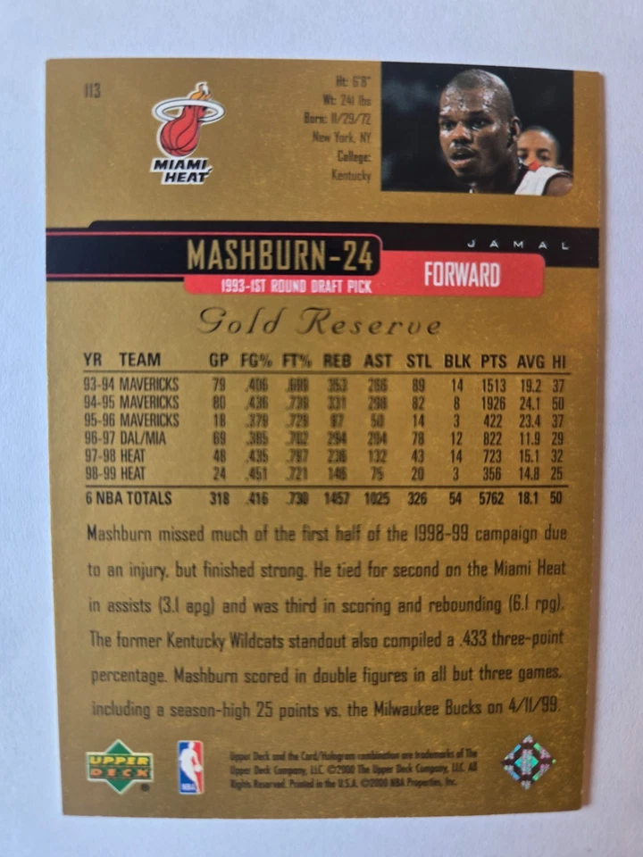 1999-00 Upper Deck Gold Reserve - Jamal Mashburn #113 - Image 2 of 2