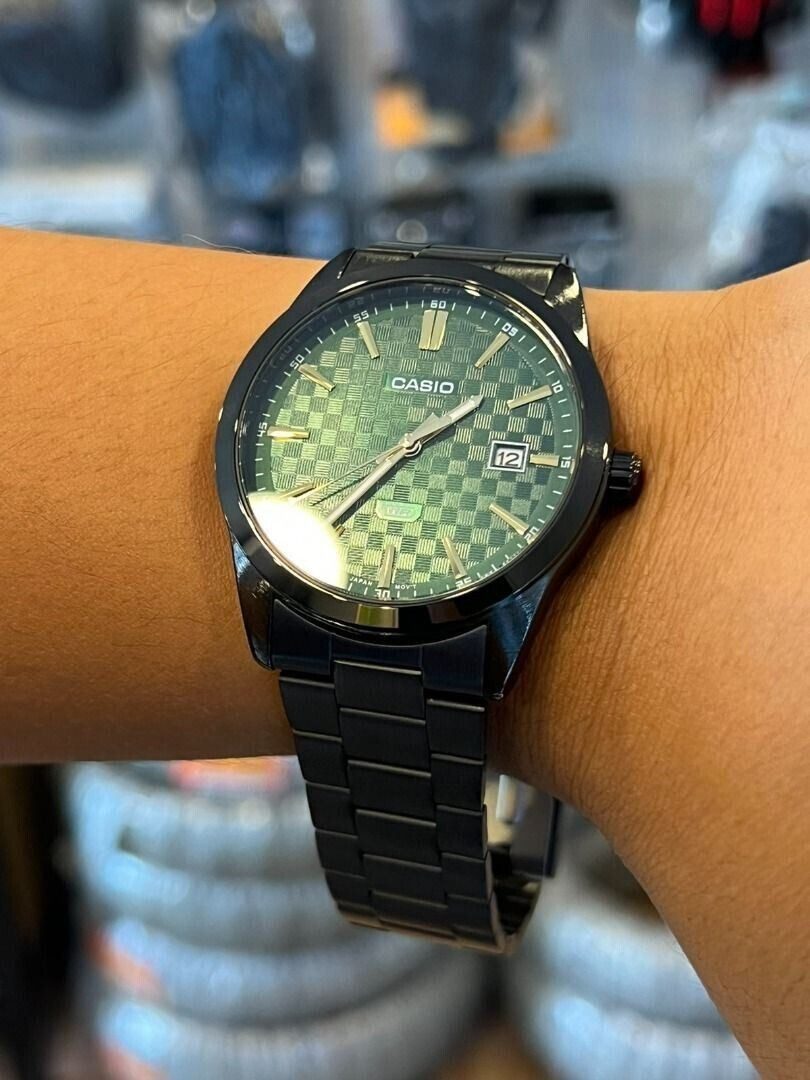 Casio MTP-VD03B-3A Green Analog Black Ion Plated Stainless Steel
