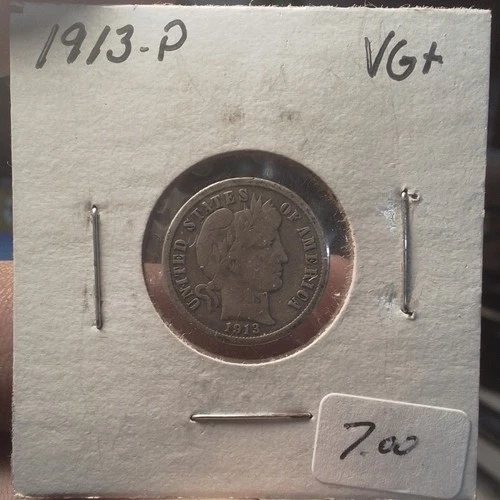 Antique Vintage 1913 Barber Dime Silver 10C Very Good+ P Mint