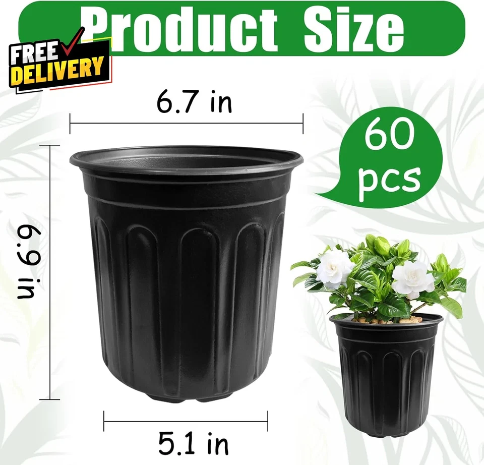 Paquete de 60 macetas flexibles de plástico negro para plantas de 1 galón con agujeros Foto 2 de 4