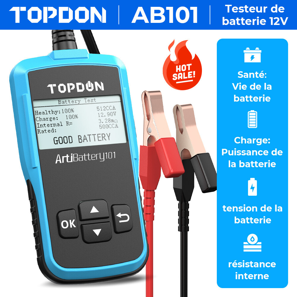 Testeur de batterie numérique 12V TOPDON AB101 avec écran LCD clair