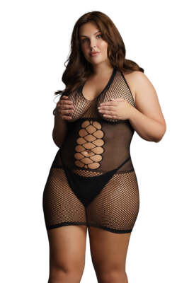 Shots Le Desir Peek-A-Boo Fishnet High-Neck Halter Open Cleavage Dress Black