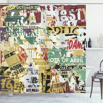 Retro Shower Curtain Old Torn Posters Collage Print for Bathroom