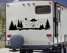 Cow Abduction UFO Moon Stars Vinyl Decal | Camping RV Travel Trailer | Sticker