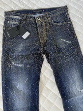 Avenue George V Paris Men’s Skinny Jeans Denim Blue, Gold Rhinestone Size 42