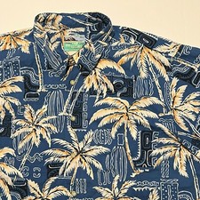 VINTAGE Reyn Spooner XL Coconut Palm Tree Tribal Hawaiian Aloha Shirt Blue