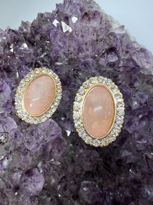 Vintage 80s Rose Quartz Faux Gold Earrings Mob Wife Aesthetic Oval Cabochon NEW