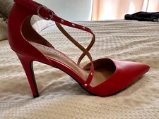 Christian Siriano for Payless Heels Size 8 Red Studded Strappy Pump Pointed Toe