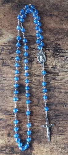 Vintage Catholic Rosary Blue Round Beads Metal Is Silver Colored Christianity 