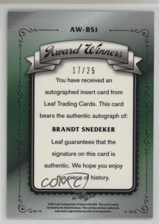 2011 Leaf Metal Award Winners Green Prismatic /25 Brandt Snedeker #AW-BS1 Auto - Image 2 of 2
