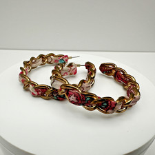 Vintage 90s Gold Tone Chain Floral Pink Fabric Wrapped Hoop Earrings Women's
