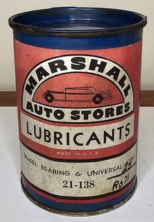 Vintage Marshall Auto Store Lubricants 1lb Metal Grease Oil Gas Can Paper nos