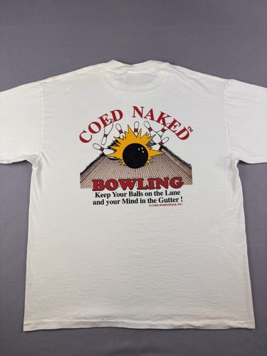 Vintage Coed Naked Bowling T Shirt Men’s Extra Large White Balls On The Lane 90s - Picture 6 of 9