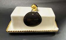 NEW BRILLIANT WHITE & METALLIC GOLD PORCELAIN BUTTER COVERED DISH HOLDER TRAY
