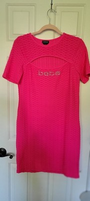 Bebe Women's Hot Pink Short Sleeve Stretch dress, Peekaboo slit Chest, XL