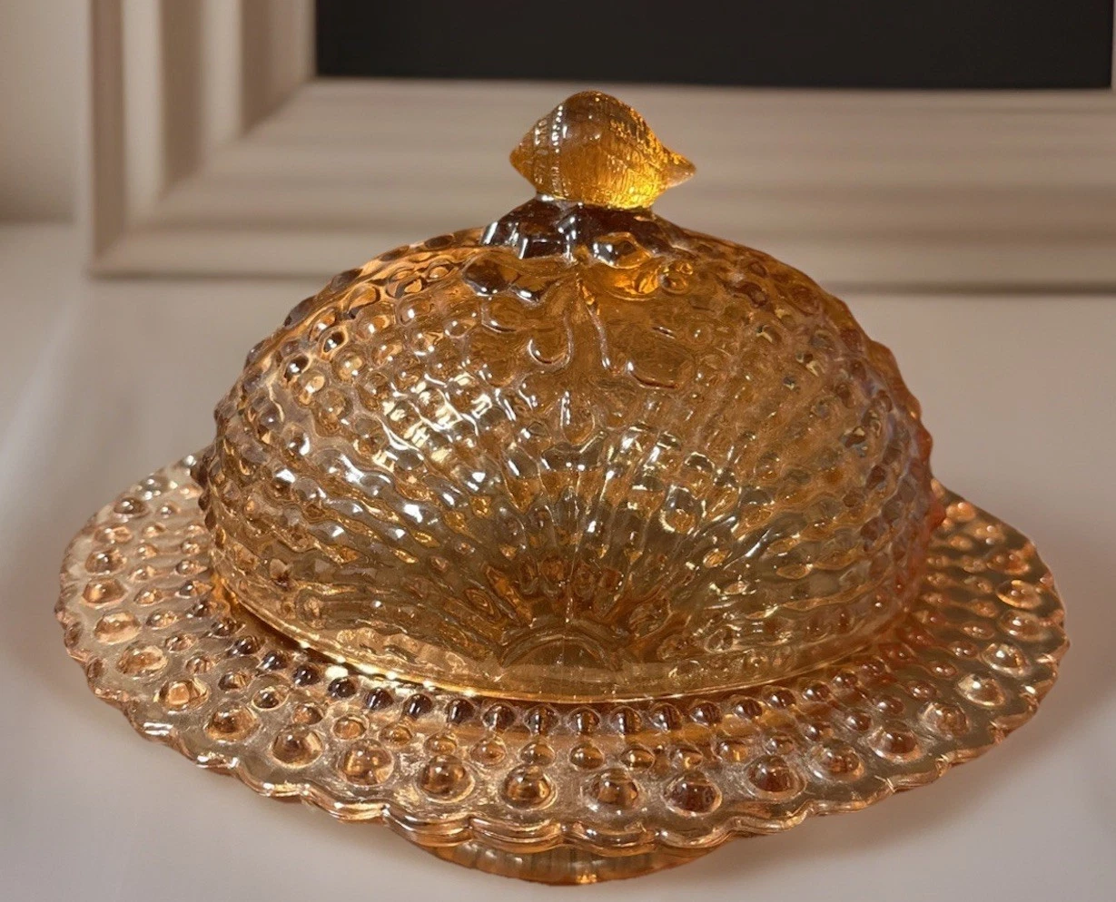 Vintage BEAUTY Peach or Pink Hobnail Argonaut Butter Dish Similar to Northwood