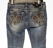 Miss Me Jeans Womens 28 Blue Signature Rise Boot Fleur De Lis Embellished Denim