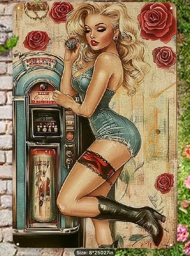 Vintage Music Themed Retro Jukebox Metal Tin Sign - Pinup, NEW 12x8