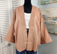 Attitudes by Renee Beige Kimono OS 3/4 Sleeve Open Front Stitch Detail Flowy Lay
