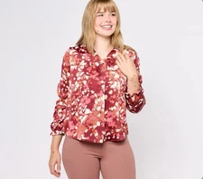 Denim & Co Printed V-Neck Blouse With Smocked Cuff Size S Floral A619124