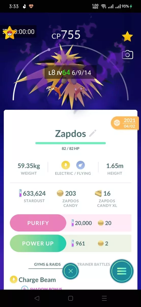 Shadow Zapdos Pokemon Trade Go