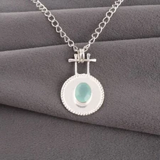 Aqua Chalcedony Gemstone Handmade 925 Sterling Silver Jewelry Pendant Gift For