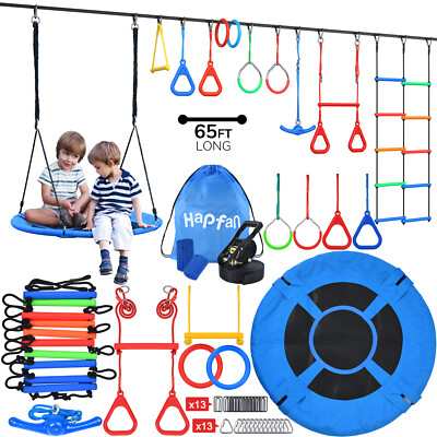 65FT Ninja Warrior Obstacle Course w/ Monkey Bar, Saucer Swing Seat for Kids 