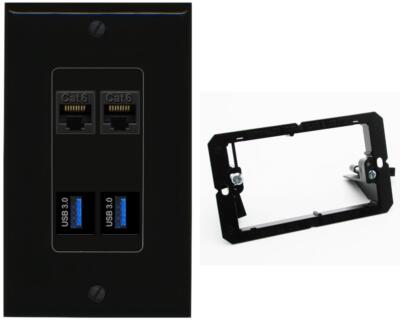 RiteAV 2 Port Cat6 2 USB3 Wall Plate Bracket Black