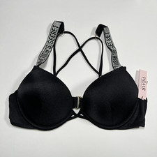 Victoria Secret 32B Bombshell Push Up Bikini Top Shine Strap LOGO Black