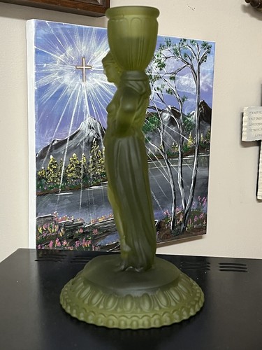 Fostoria Candlestick Candle Holder Frosted Green Rebecca At The Well 9.5” Satin - Picture 7 of 11