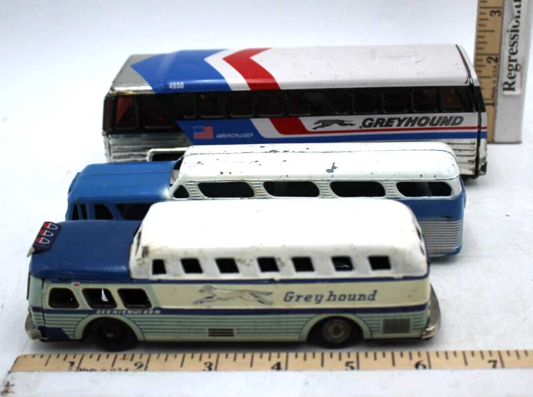 3pc Vintage Tin Metal Lithograph Greyhound Bus Scenicruiser Buddy L Diff Scale