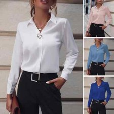 Womens Satin Silk Plain Shirt Ladies Casual Baggy Button-up OL Work Blouse Tops