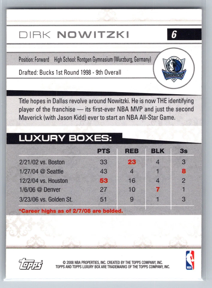 2007-08 Topps Luxury Box #6 Dirk Nowitzki Dallas Mavericks - Image 2 of 2