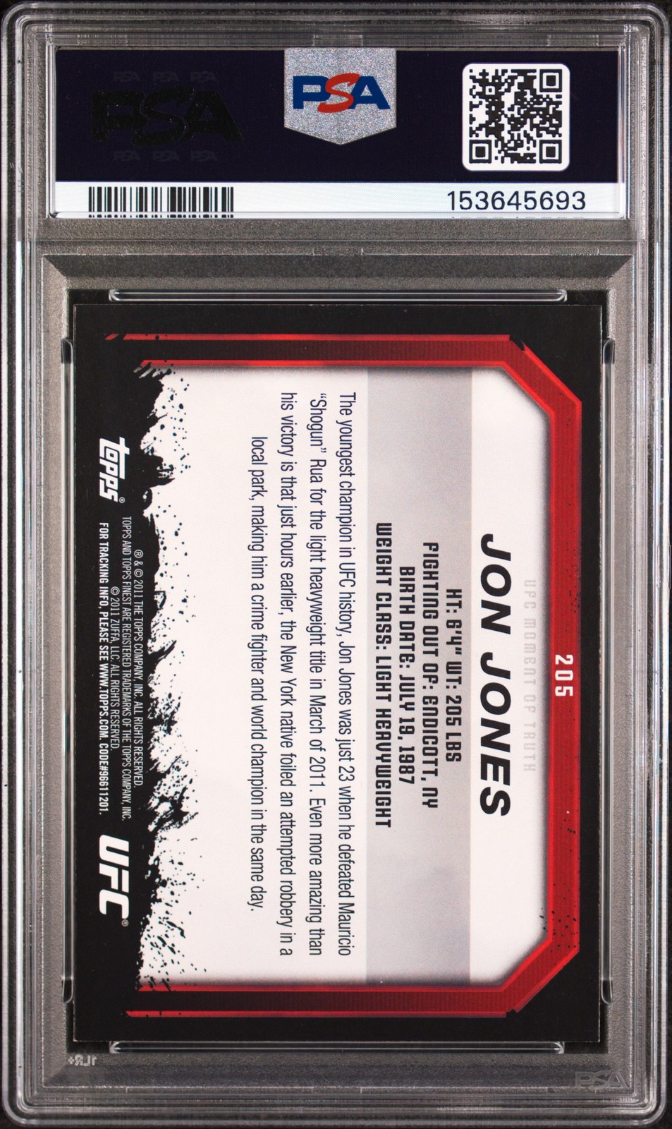 2011 TOPPS UFC MOMENT OF TRUTH GOLD #205 JON JONES PSA 8 view 2