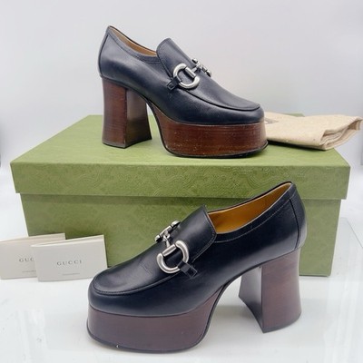 Gucci Horsebit Women s Platform High Heel Pumps Loafers Black Leather EU 36 US 6