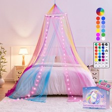 Rainbow Bed Canopy with Star Lights for Girls Bedroom, 24 Colors Canopy Bed C...