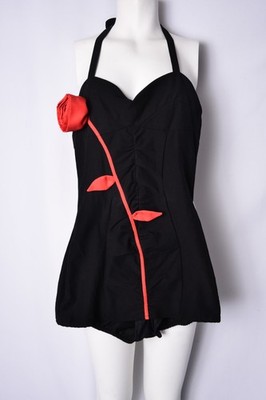 UNIQUE VINTAGE 1950s STYLE BLACK  SWIMSUIT WITH ROSE APPLIQUÉ   NEW -Sz S & M