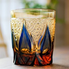 Hand Cut Edo Kiriko Glasses Drinking Glass 9 Ounces Amber Blue Whiskey Cup Gift
