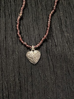 Dark Red Beaded Necklace with Silver Heart Pendant & Toggle Clasp Boho Style 