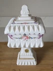Vtg Mid-Century Milk Glass Wedding Cake Box Candy Compote Dish Footed Gold Trim