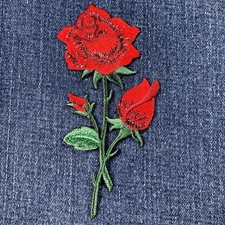 Red Rose Applique Patch - Embroidered Flower Badge 4.75" (Iron On)