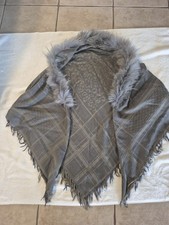 Luxury Mala Alisha Gray Wool Silk Blend Real Fox Fur Collar Scarf 49 in X 49