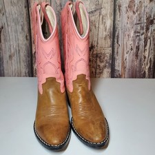 Old West Girls Corona Calfskin Western 2 Row Stitch Cowgirl Boots Pink/Brown 8.0