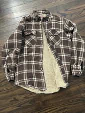 Wrangler Flannel Shirt Jacket Sherpa Lined Plaid Brown Button Up Mens S